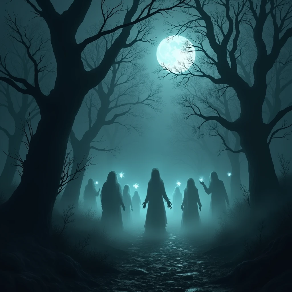 A haunted forest with ghostly apparitions and eerie lights