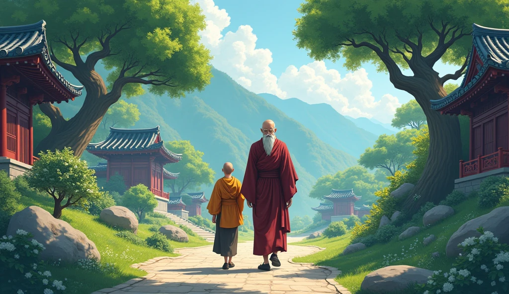 Old monk master walking, monk student walking with master, going, surrounded by temples, beautiful trees, in anime style, beautiful scenario,
