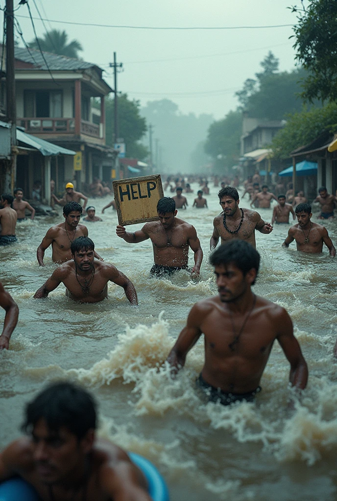 Flood washed away houses,people floating with the letter Help in Bold