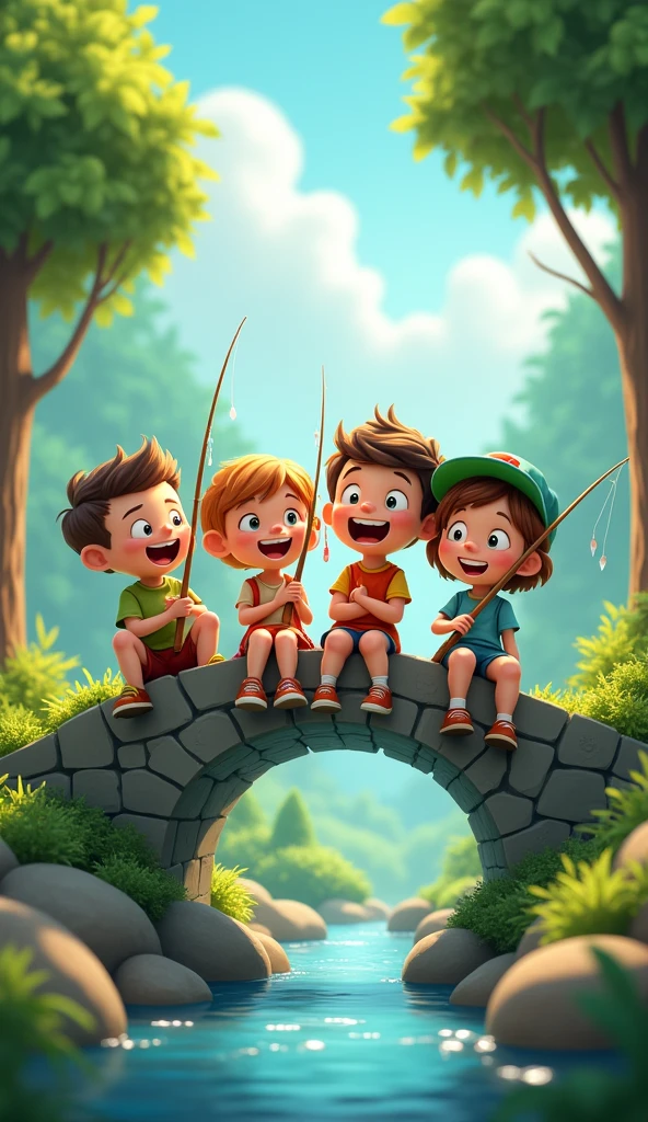 animated, group of kids, friends, sitting together on the edge of a small stone bridge over a small forest stream and fishing, all holds fishing rods in hands, fun, joy, fooling around,