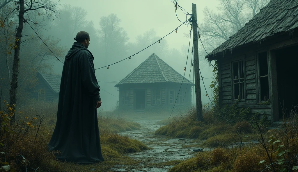 : A haunting image of the Roanoke settlement, eerily abandoned with overgrown vegetation, empty structures, and a feeling of desolation, with John White standing alone in disbelief.