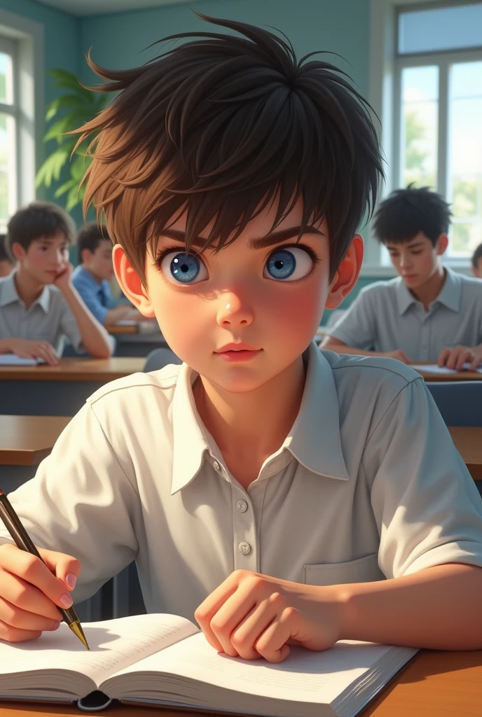 make me a picture of an 18 year old boy with short brown curly hair, has sharp blue eyes who is studying in class wearing a white shirt