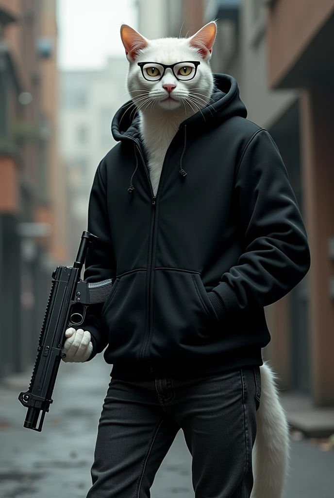 A tall white cat dressed in black hoodie and black jeans with black glasses shoots a pistel