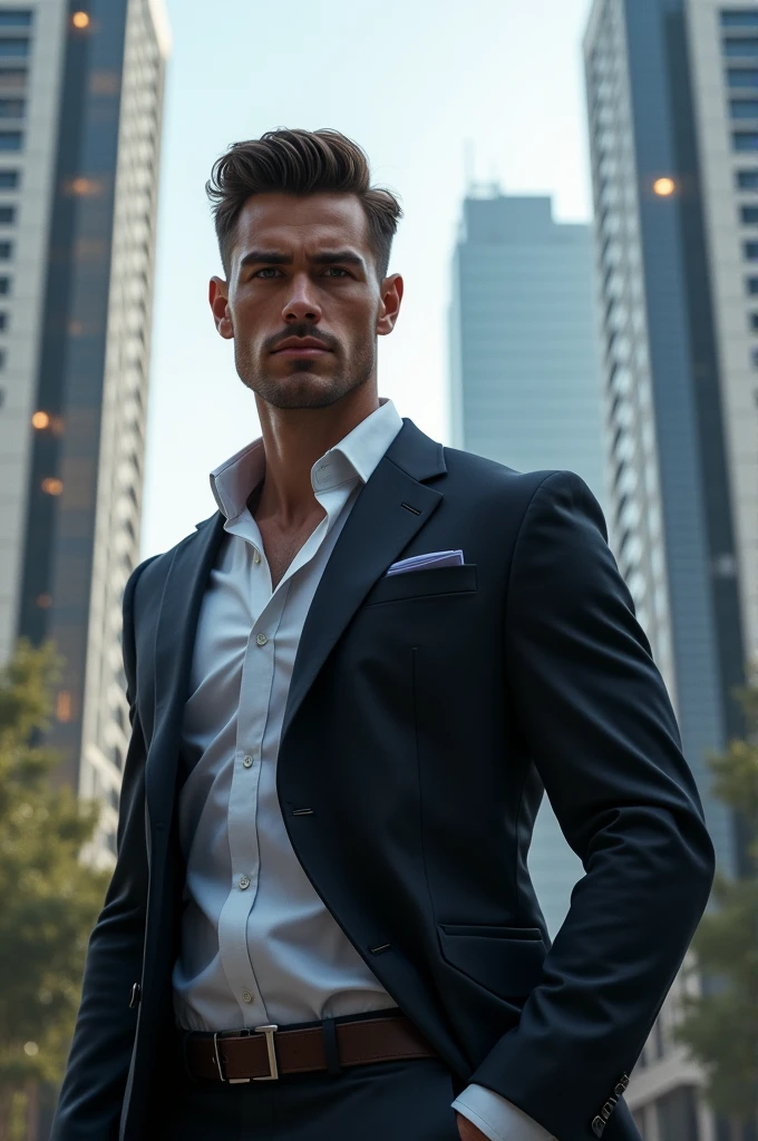 A muscular businessman with a good face shape and good hairstyle standing and behind him great buildings and he have attractive eyes