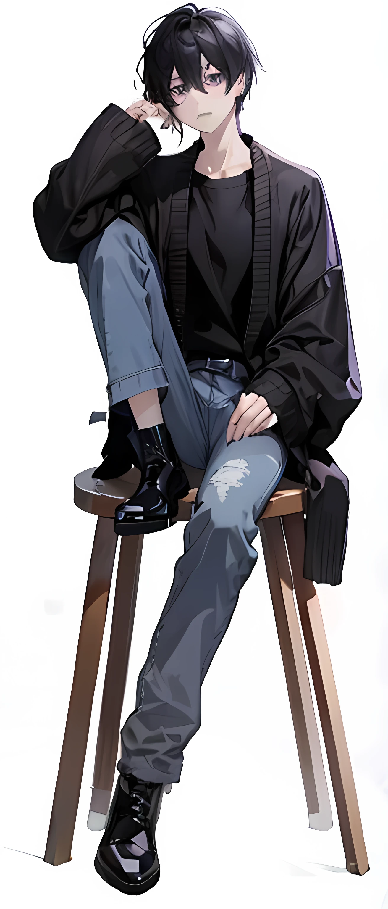 Black Hair、cool、Purple sharp narrow eyes、Adult male、cardigan and jeans、Sitting with one foot on a chair、Black short boots、Lazy