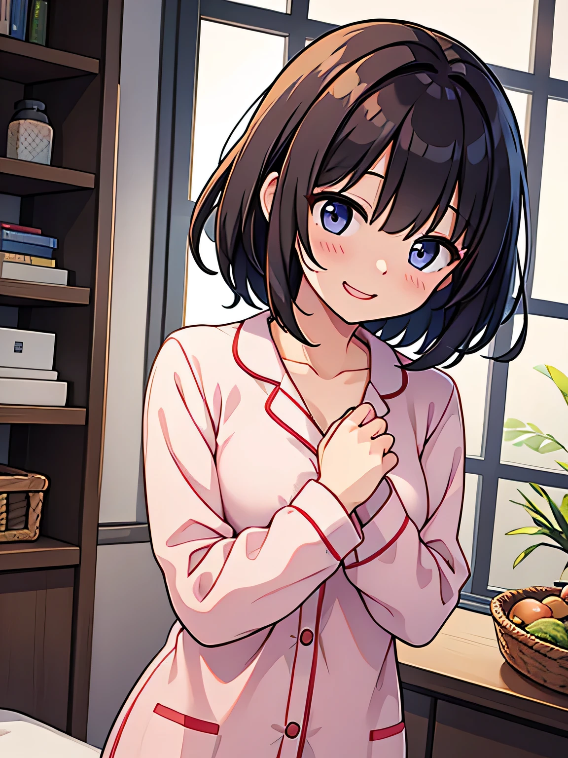 woman、Medium Hair、pajamas、Upper Body。G Cup、Shy laugh、Hands behind back