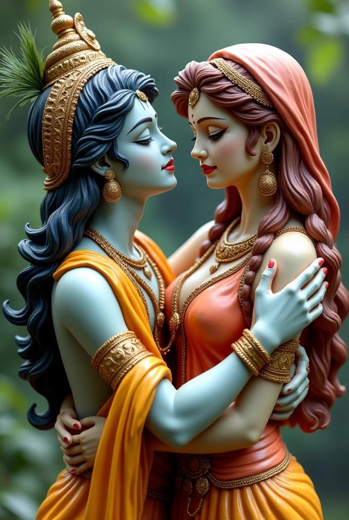 Radha is  women  krishna men love hug
 statue  pose. Wid angle shot 
,both clear faces back colur 