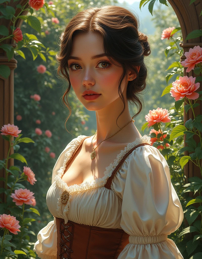 A Portrait of a 24 yo Beautiful Woman [Elizabeth II:Maude Adams:0.45 donning Victorial Casual Dress, she is in her backyard garden with lush vibrant flowers, insanely detailed and intricate garden background, A Don Lawrence Style Illustration
