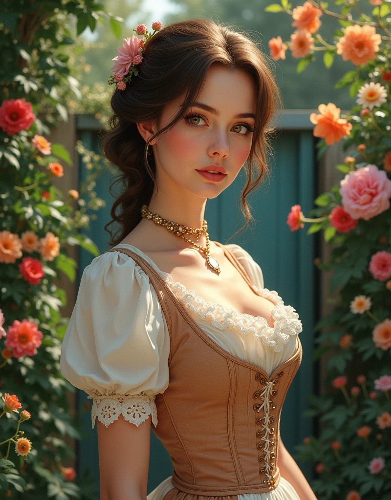 A Portrait of a 24 yo Beautiful Woman [Elizabeth II:Maude Adams:0.45 donning Victorial Casual Dress, she is in her backyard garden with lush vibrant flowers, insanely detailed and intricate garden background, A Don Lawrence Style Illustration