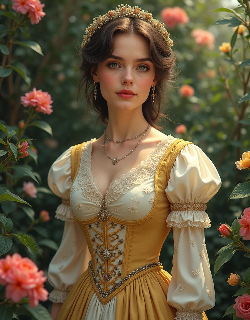 A Portrait of a 24 yo Beautiful Woman [Elizabeth II:Maude Adams:0.45 donning Victorial Casual Dress, she is in her backyard garden with lush vibrant flowers, insanely detailed and intricate garden background, A Don Lawrence Style Illustration