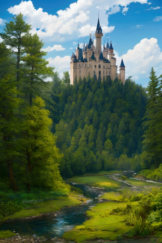 Fantastic landscape of a forest with a castle