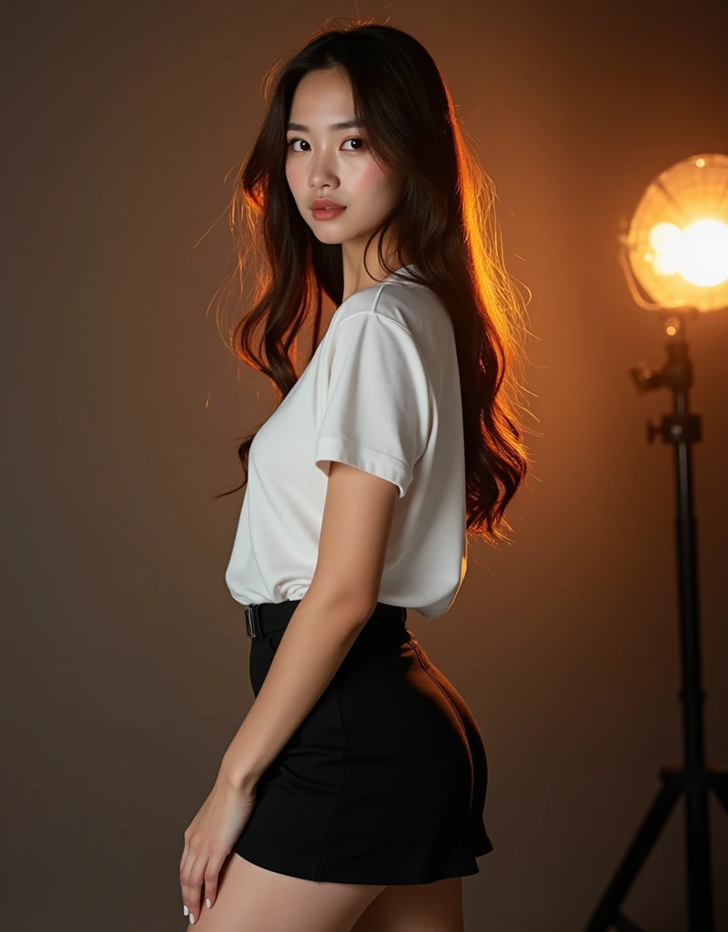 Thai girl beautiful she has Hair style long brown twinkle in her eyes wearing a white short-sleeved shirt, a black short skirt, standing and posing in studio Three-Point Lighting high resolution Realistic image