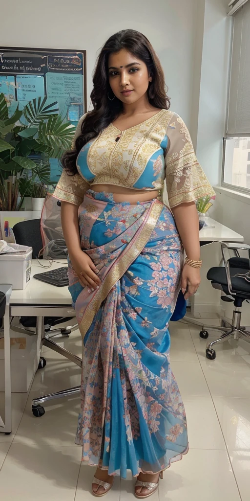Day scene, A radiant, full-figured South Indian 35 year old aunty a cream colour chiffon mini skirt and white chiffon shirt, standing, in a office captured in a full-body image with vibrant hues and meticulous details. Full body image