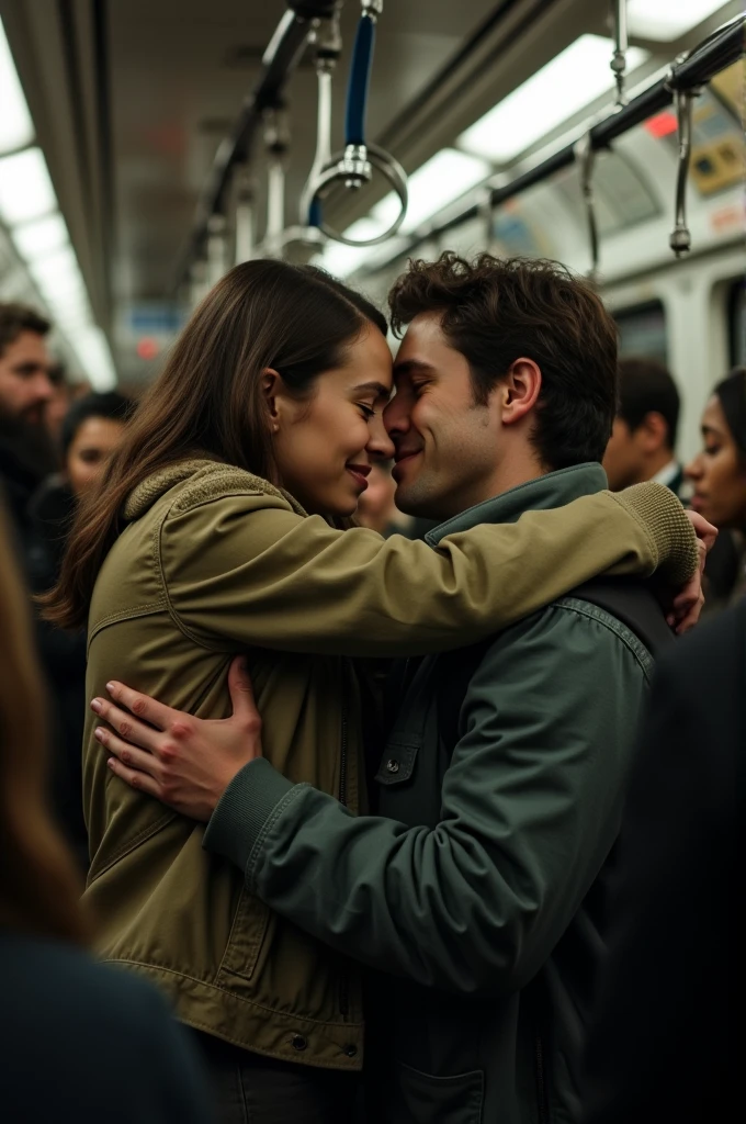 A woman hugs a man on the subway.