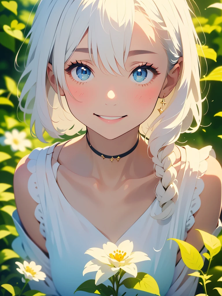(masterpiece、highest quality、highest quality、Beautiful and beautiful:1.2)、(Good anatomy:1.5)、Painting of a girl with milky white straight hair、Shy smile、Sparkling Eyes、looking at the camera、Emerging from among the flowers and leaves、Suzuran