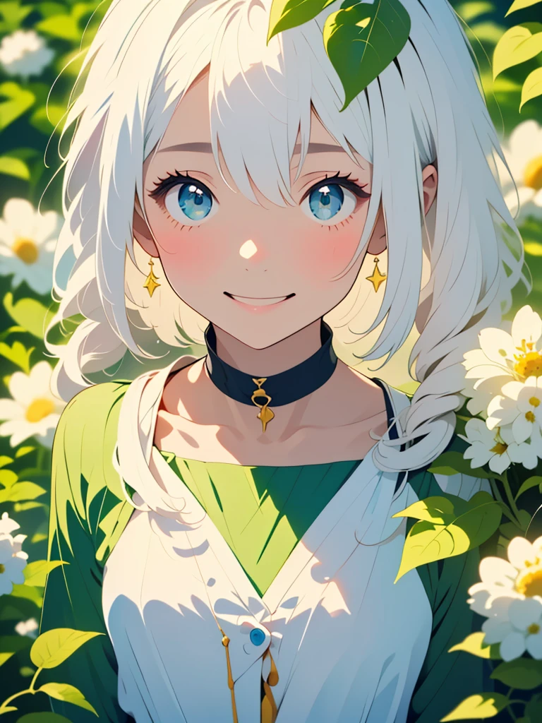 (masterpiece、highest quality、highest quality、Beautiful and beautiful:1.2)、(Good anatomy:1.5)、Painting of a girl with milky white straight hair、Shy smile、Sparkling Eyes、looking at the camera、Emerging from among the flowers and leaves、Suzuran
