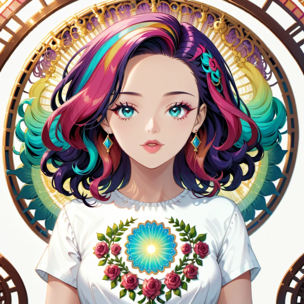 a circle shaped sticker,centered, (((art nouveau illustration ornamental frame mandatory))), intricately detailed t-shirt design ready for print , 2d, disco queen plus size woman looking like in ecstasy Jennifer Connely with full lips and short hairstyle from 80's nude, large boobs visible, torso up, seductive expression, frontal perspective, vibrant colors, white background, vector t-shirt art ready for print, intricate rich extremely complex ornaments illustration,, extremely detailed and complex illustration, high detail, , 8K-AR, Pro Vector, high quality, vibrant colors, digital art, 8k, clean lines style, intricate high details, white background
