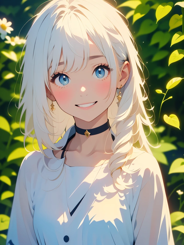 (masterpiece、highest quality、highest quality、Beautiful and beautiful:1.2)、(Good anatomy:1.5)、Painting of a girl with milky white straight hair、Shy smile、Sparkling Eyes、looking at the camera、Emerging from among the flowers and leaves、Suzuran