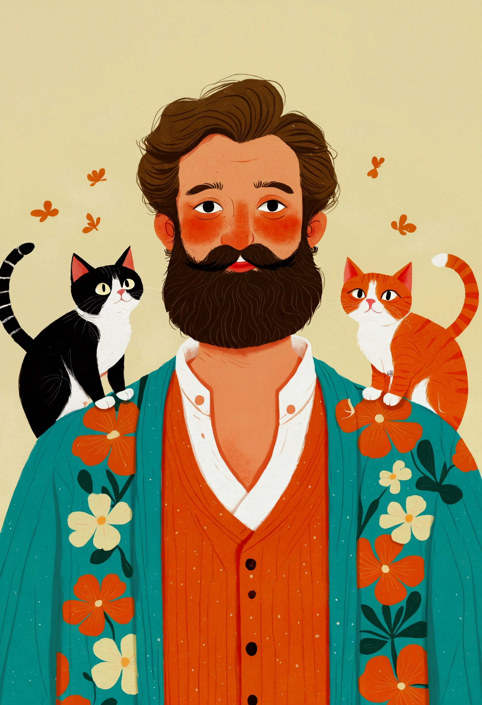 there is a man with a beard,There is a cat on the chest, Wear with a Hawaiian shirt, illustration | Rutkowski, #illustration, funny illustration, in style of digital illustration, tom richmond illustration, illustration, Imitating Corey Loftis, Juster Battle, stylized digital illustration, author:Paul Bird (Paul Bird), fabulous illustrations, author:Oswaldo Viteri, illustration画家