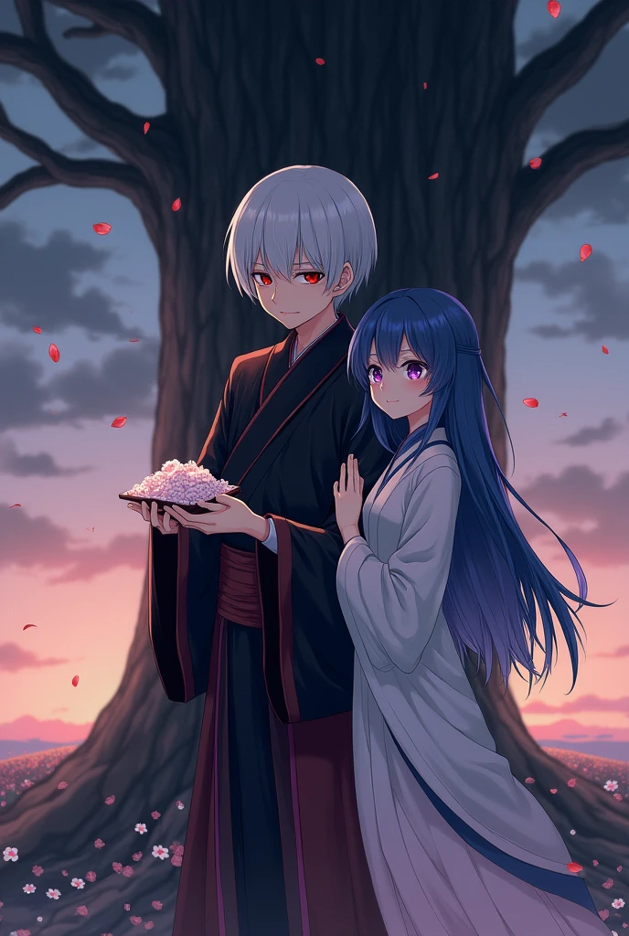 
**Title: yuki: Ashes of a Broken Heart**

The book cover depicts a desolate and emotionally charged scene., center in the image of Yukigami and Yume. 

Yukigami, with her straight white hair and red eyes, appears holding a small container containing Yume&#39;s ashes. His expression is one of deep sadness, a mixture of pain and determination, as he looks down, reflecting the weight of loss. He wears a traditional warrior uniform, with black and red details, that symbolize both their strength and mourning.

Yume, represented in an ethereal and almost translucent manner next to him, has long blue hair and violet eyes. She appears in a serene pose, with a soft and melancholic expression. Your presence is like a ghost from the past, surrounded by a soft light that distinguishes it from the physical world. She wears a traditional kimono in shades of blue and violet., that complements your eyes and hair.

Ao fundo, there is an ancient and imposing tree, surrounded by gently falling flower petals, symbolizing the memory of their first meeting. The tree is an important place, where they met, and now it becomes the place of final farewell. The sky is tinged with shades of twilight, with dark clouds forming, suggesting both the end and a new beginning.

The atmosphere of the cover is one of sadness and beauty., capturing the central theme of loss, love and revenge that permeates the season.