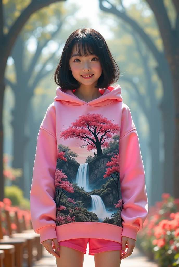 Beautiful Korean girl, smooth white skin, well-groomed face, black and pink hair, highlighter pink knit hoodie, decorated with a large waterfall and tree motif.
, pink and black short skirt, smiling expression, background of surrounded by a flower garden, tall trees, chairs in a row, with fog and sunlight penetrating the realistic trees, original photo,