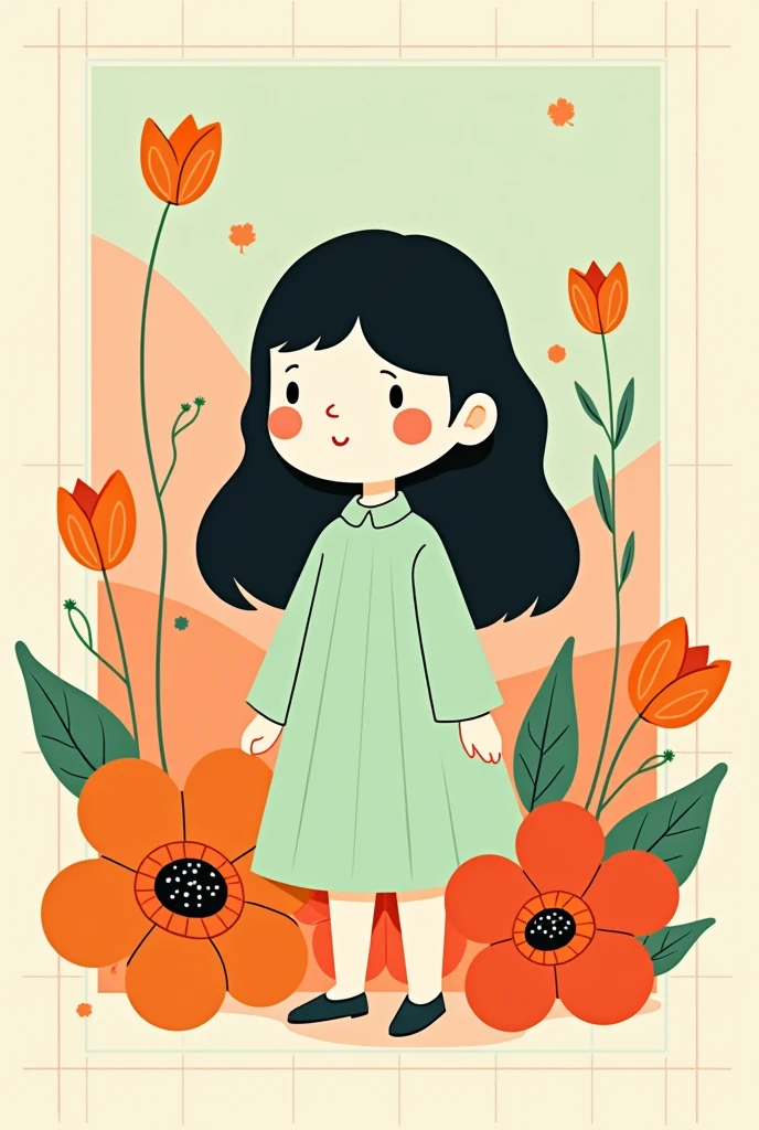 In the style of Victo Ngai, Beautiful Dite,Simple,modern,advanced,cute,Color blocking,flowers,Orange,light green,grid,line,illustration,Vigor,pixar,