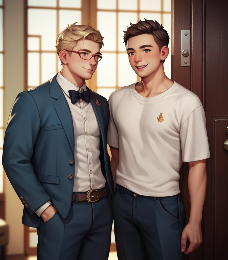 NFSW, 1 Muskelmann, pretty face, Anime face, 1 handsome young man, Difference size, Age difference,Detailed view, best quality, masterpiece, Detailed view, in front of the club door, Stand,