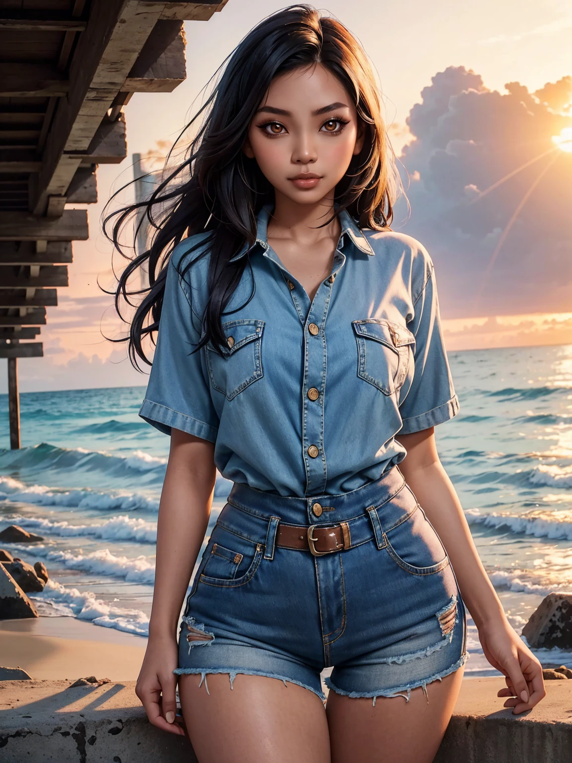 (SFW, Beautiful aesthetic sexy Malaysian|Filipina female model:1.3), thicc hourglass figure, wearing denim shorts and shirt, long messy hair, beach ruins at sunrise, soft fill lighting, freckles, perfect eyeliner and eyeshadow