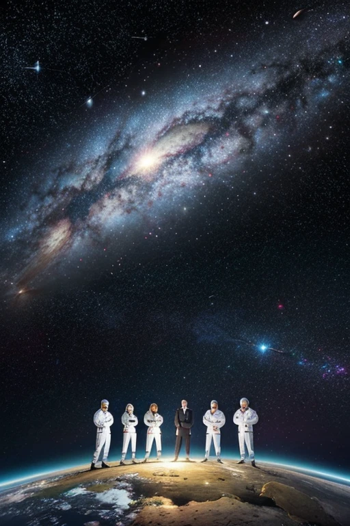 give me a cartoon image which has galaxies in the background. one side shows government officials with money and the other shows space scientists with money and looking a bit tensed.