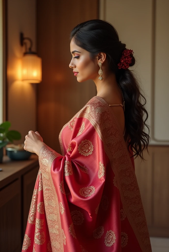 A professional beautician expertly drapes a luxurious silk saree in an elegant, contemporary Indian salon. The saree features rich colors and intricate gold embroidery, with the salon's ambient lighting casting a warm glow on the scene. The background showcases modern decor with subtle traditional Indian motifs, reflecting a fusion of heritage and modernity. The woman's posture is graceful, and her expression confident, highlighting the sophistication of the saree draping experience.