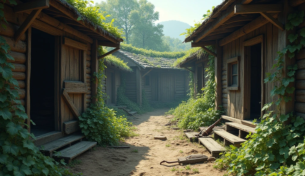 Image Prompt: A close-up of the weathered, empty cabins, doors swinging open, and broken tools scattered on the ground, with vines creeping over the remnants of the settlement.