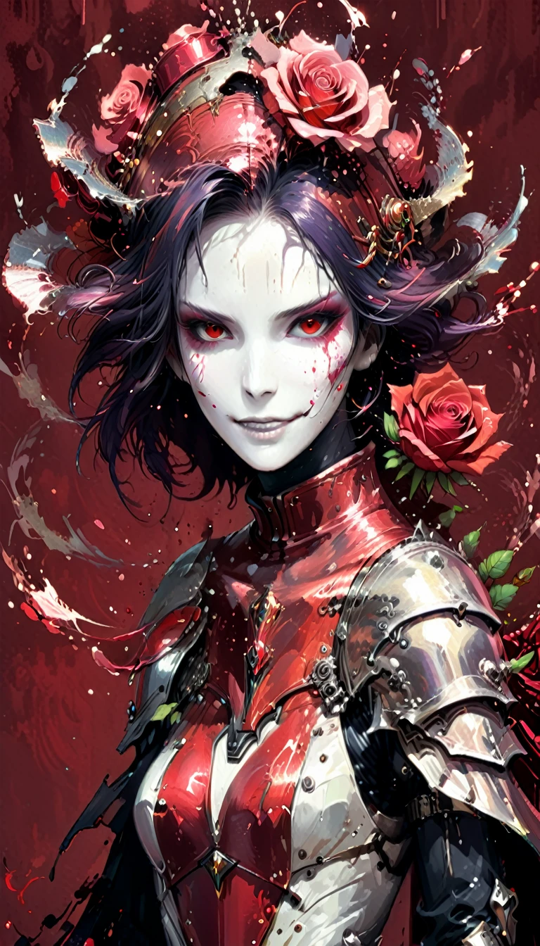 in style of Harry Clarke,character concept design,half body, (ROSE HEAD:1.5) (no face:2.0) paladin,angry,crazy smile,fighting pose,Magic Effects,Metallic details,Red tone,Unknown background,perfect hands,Core Art,The art of spray painting,Splash Art