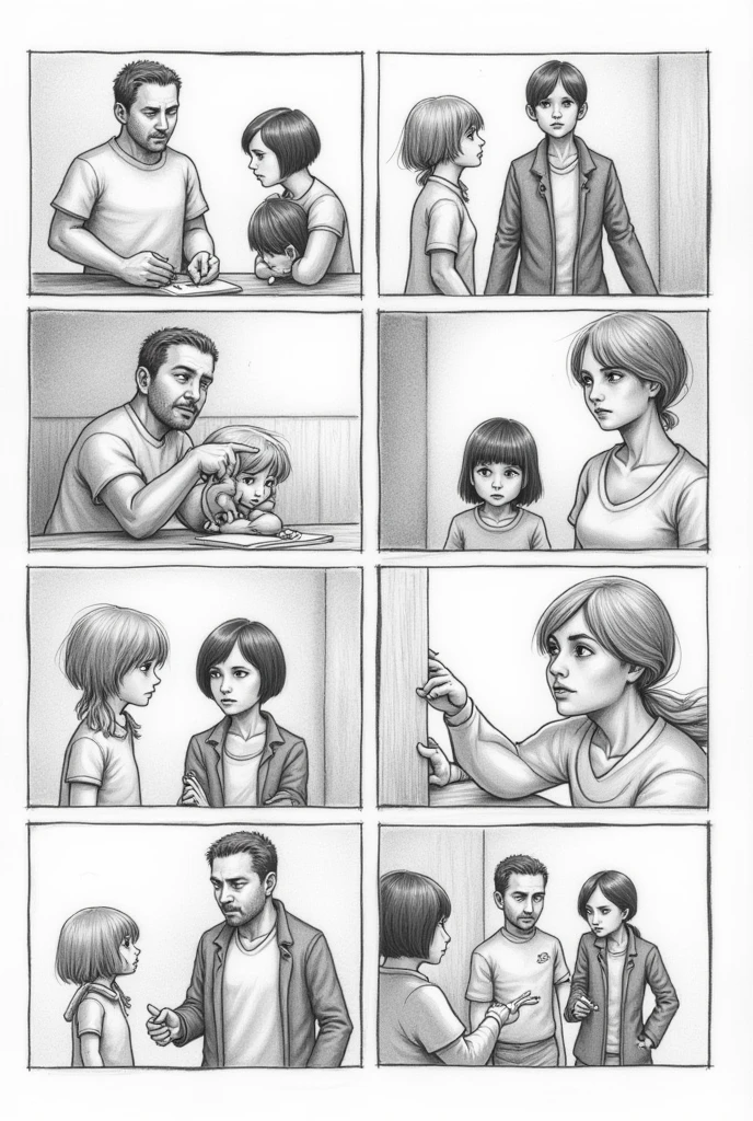 Generate a comics consist of 9 panel. The title is THE LONGING OF A CHILD

In the first panel it shows there the parents that is arguing or fighting. 

in second panel, their daughter is watching them fight from afar, witnessing what is going on with her unhappy face. 

third, the girl lock herself in her room feeling really sad and tired of the situation. 

in fourth panel, she adapt the behavior of her parents and it led to the point where she is making trouble like fighting with her classmates at school. 

while in 5th panel, the teachers saw them. 

In 6th panel the teachers called out her parents in school, the teachers talk to her parents. 

7th, they are in a guidance room with the girl and her parents together for a meeting. 

8th, the parents have a heart to heart talk with their daughter and fix everything.

in the end of the panel, they leave or went home. 

MAKE THE COMIC LOOK LIKE A PENCIL DRAWING

