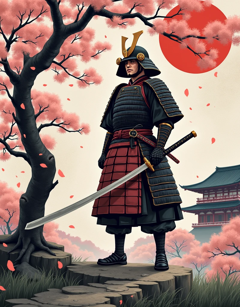 (best quality,highres:1.2),ultra-detailed,traditional Japanese samurai armor,warrior,stoic expression,serious,skilled swordsmanship,classic katana,samurai code of honor,sacred devotion,falling cherry blossom petals,ancient cherry blossom tree,authentic Japanese landscape,peaceful temple in the distance,subtle light and shadow,sublime artistry,brushstrokes,deep black ink wash,Manga-inspired,traditional woodblock print style,vibrant colors,delicate linework,faint scent of incense,serene atmosphere
