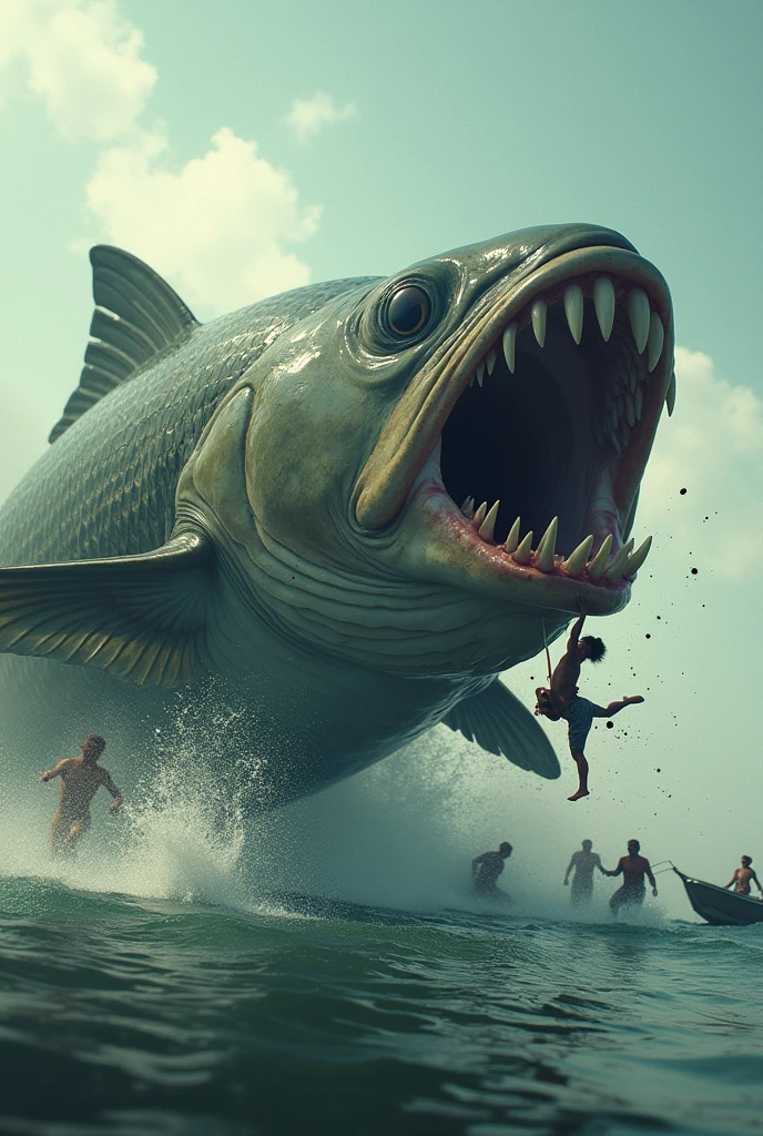 surreal sight、The moment a large fish catches a small human、Water spray
Violent movement、Small humans trying to escape from the cooler box、A tilting small boat、Acrobatic pose、High-definition depiction