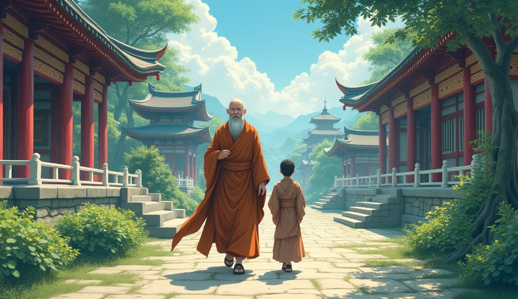 Old monk master walking, monk student walking with master, face towards camera, going, surrounded by temples, beautiful trees, in anime style, beautiful scenario,