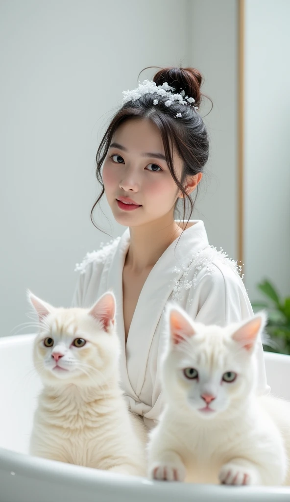 Create an Asian beauty,Standing on the ground,Hair in a bun,Beautiful beautiful big eyes,Regular facial features,Wearing a white satin bathrobe,Scratch your scalp with both hands,Two hands washing hair on top of head,There is a lot of real white foam and water on the hair,Foam wrap head,Real bubbles,Open your eyes,The expression is happy,The characters are realistic and realistic,Next to it is a big, pure white, cute, fat cat.,Alpaca sticking out tongue is very cute,Pure white high-end bathroom background,Character front position,9:16 frames,Ultra-high-definition picture quality
