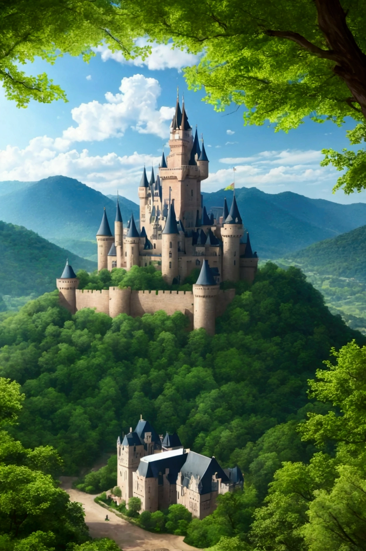 Fantastic landscape of a forest with a castle