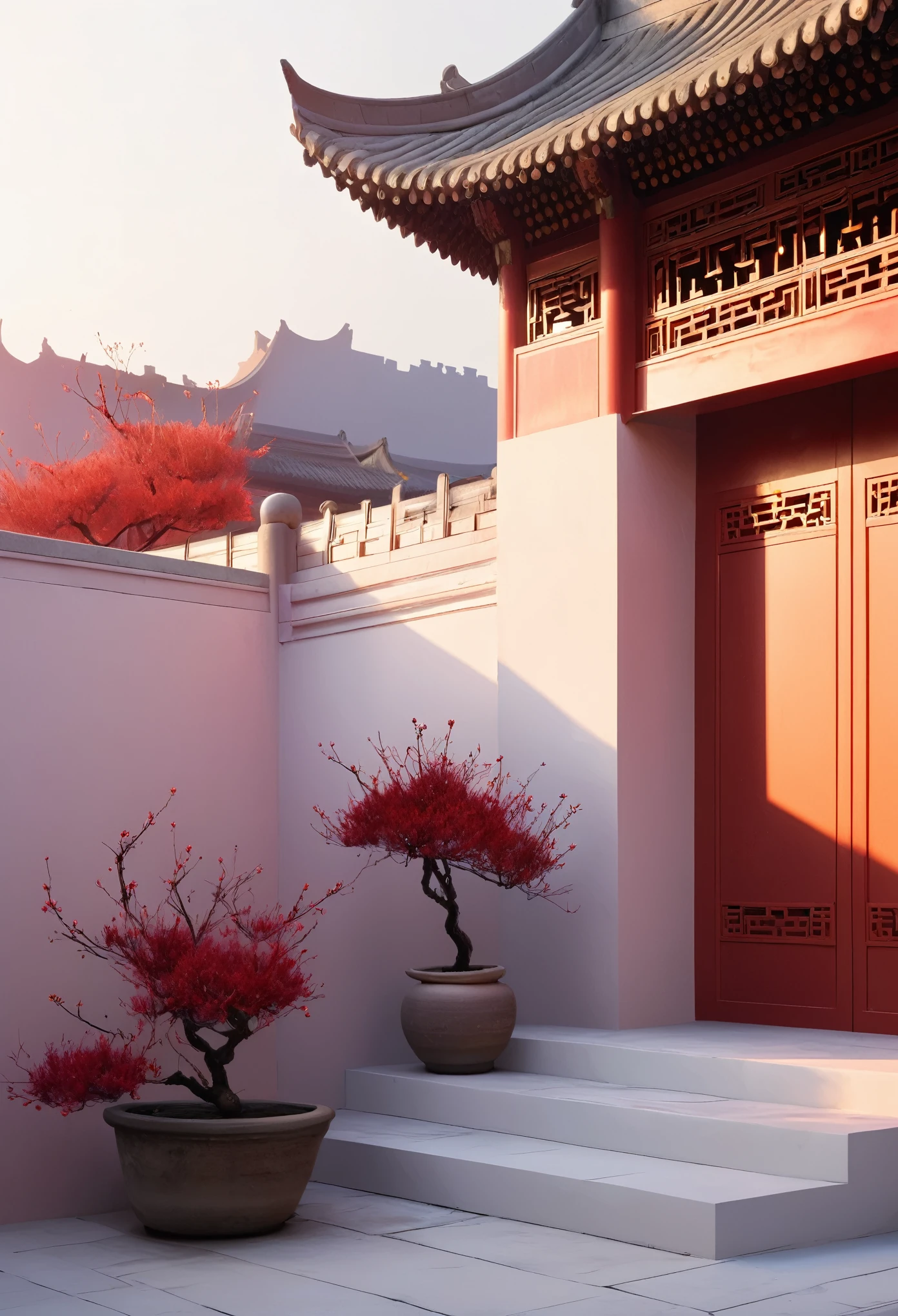 Red palace walls，Sunset，plum bossom，Chinese aesthetic，White Space，Minimalism，Ultra HD，Soft material