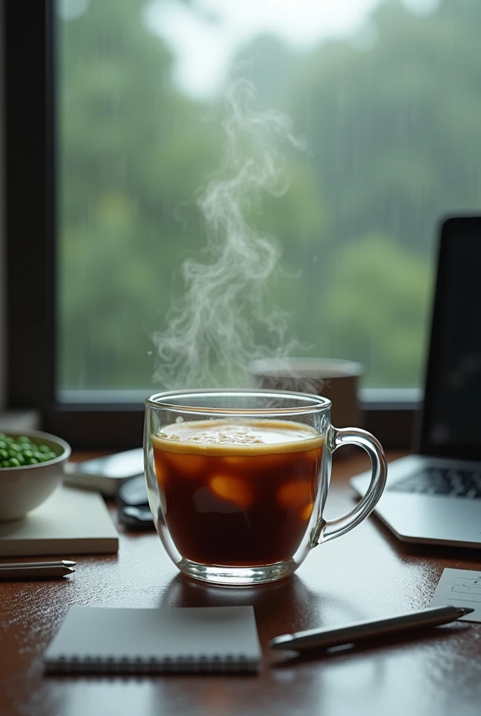 (photorealism:1.2), beautiful transparent mug od warm coffee. Keeping it on a office table desk, beside the window. phone, laptop also be in the desk. Add some pad and pen. A realistic scenario of a rainy day. Add a little bowl of green peas in the desk. Rain must be visible