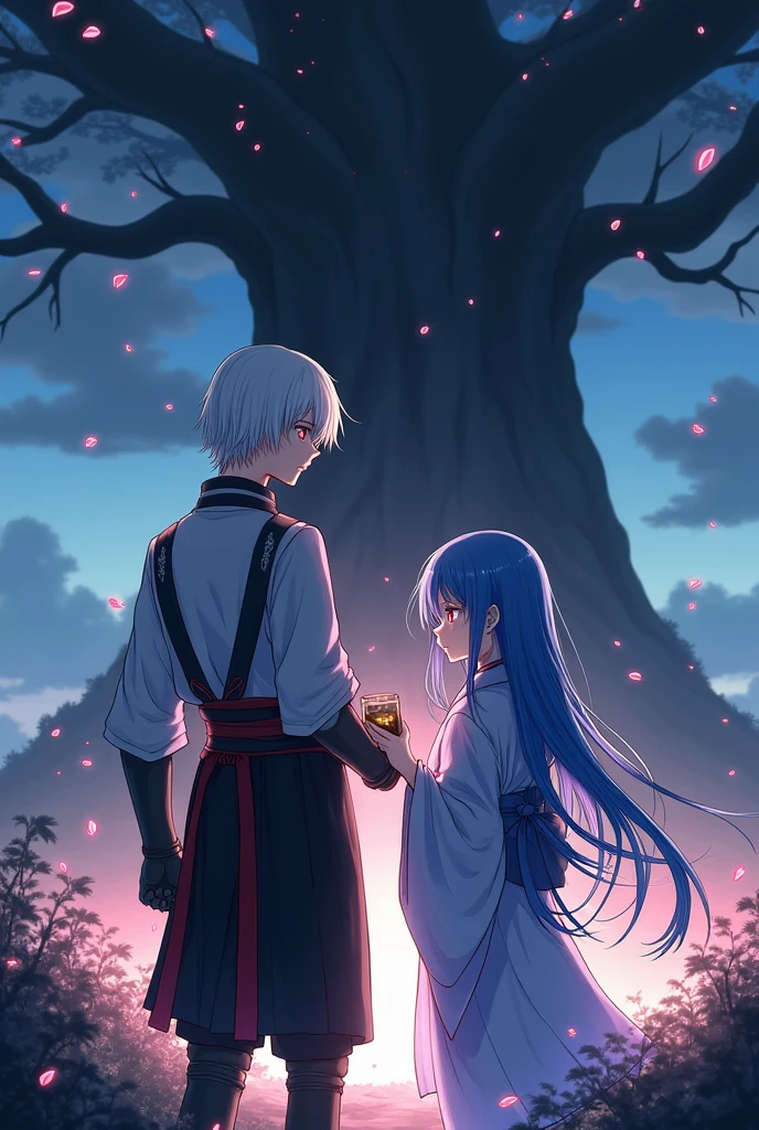 
**Title: yuki: Ashes of a Broken Heart**

The book cover depicts a desolate and emotionally charged scene., center in the image of Yukigami and Yume. 

Yukigami, with her straight white hair and red eyes, appears holding a small container containing Yume&#39;s ashes. His expression is one of deep sadness, a mixture of pain and determination, as he looks down, reflecting the weight of loss. He wears a traditional warrior uniform, with black and red details, that symbolize both their strength and mourning.

Yume, represented in an ethereal and almost translucent manner next to him, has long blue hair and violet eyes. She appears in a serene pose, with a soft and melancholic expression. Your presence is like a ghost from the past, surrounded by a soft light that distinguishes it from the physical world. She wears a traditional kimono in shades of blue and violet., that complements your eyes and hair.

Ao fundo, there is an ancient and imposing tree, surrounded by gently falling flower petals, symbolizing the memory of their first meeting. The tree is an important place, where they met, and now it becomes the place of final farewell. The sky is tinged with shades of twilight, with dark clouds forming, suggesting both the end and a new beginning.

The atmosphere of the cover is one of sadness and beauty., capturing the central theme of loss, love and revenge that permeates the season.

anime styling.