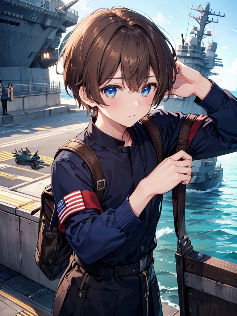 1boy, ((brown hair)), beautiful boy, ((blue eyes)), idol costume, short hair, ((navy)), ((aircraft carrier))
