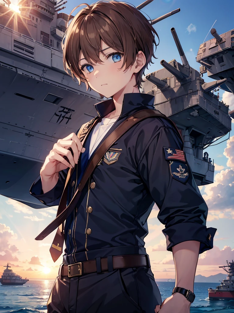1boy, ((brown hair)), beautiful boy, ((blue eyes)), idol costume, short hair, ((navy)), ((aircraft carrier))