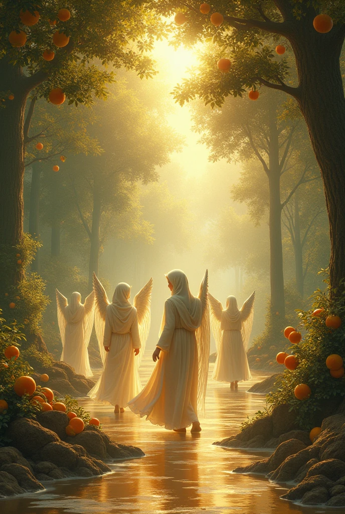 (photorealism:1.2),heaven, Treasure, trees full of fruits,streams of honey and milk, beautiful female angels wearing full clothes with hijab . realistic, intricate details, warm colors, by Greg Rutkowski, by Alphonse Mucha