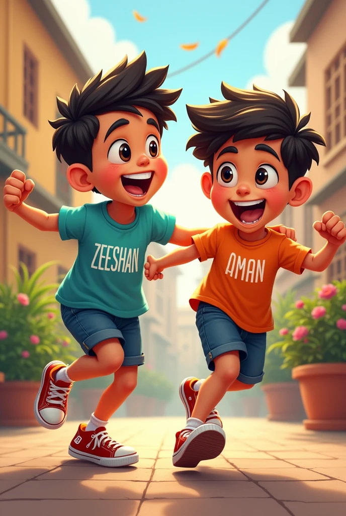 There are two boys and both are dancing and the name of one is Zeeshan and the other is Aman and the name is written on their t-shirt