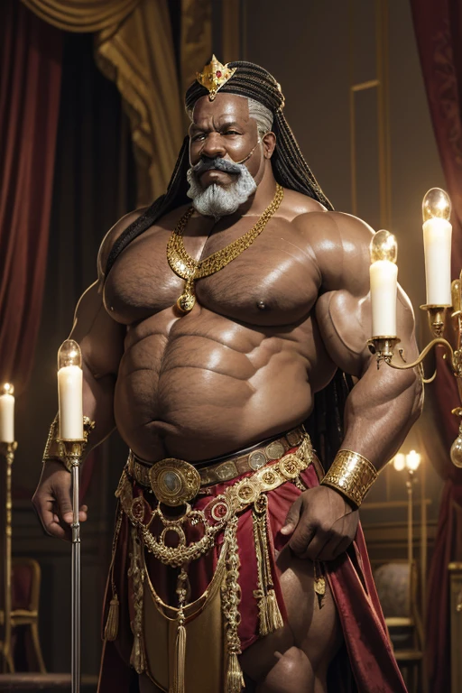 Hyperrealistic image of an African man imperial king steampunk stripper dancer with a huge gold crown and jewels on his head., superhero with grey afro hair and very long hair, very old and very sweaty bodybuilder over 80 years old..very muscular and fat, He weighs more than 200 kilos with a naked torso., large and flaccid pectorals, Brown nipples and big grey mustaches standing in the middle of a stage with a Victorian red velvet curtain in the background and lots of brass candelabras around and velvet skirt with gold embroidery and jewels