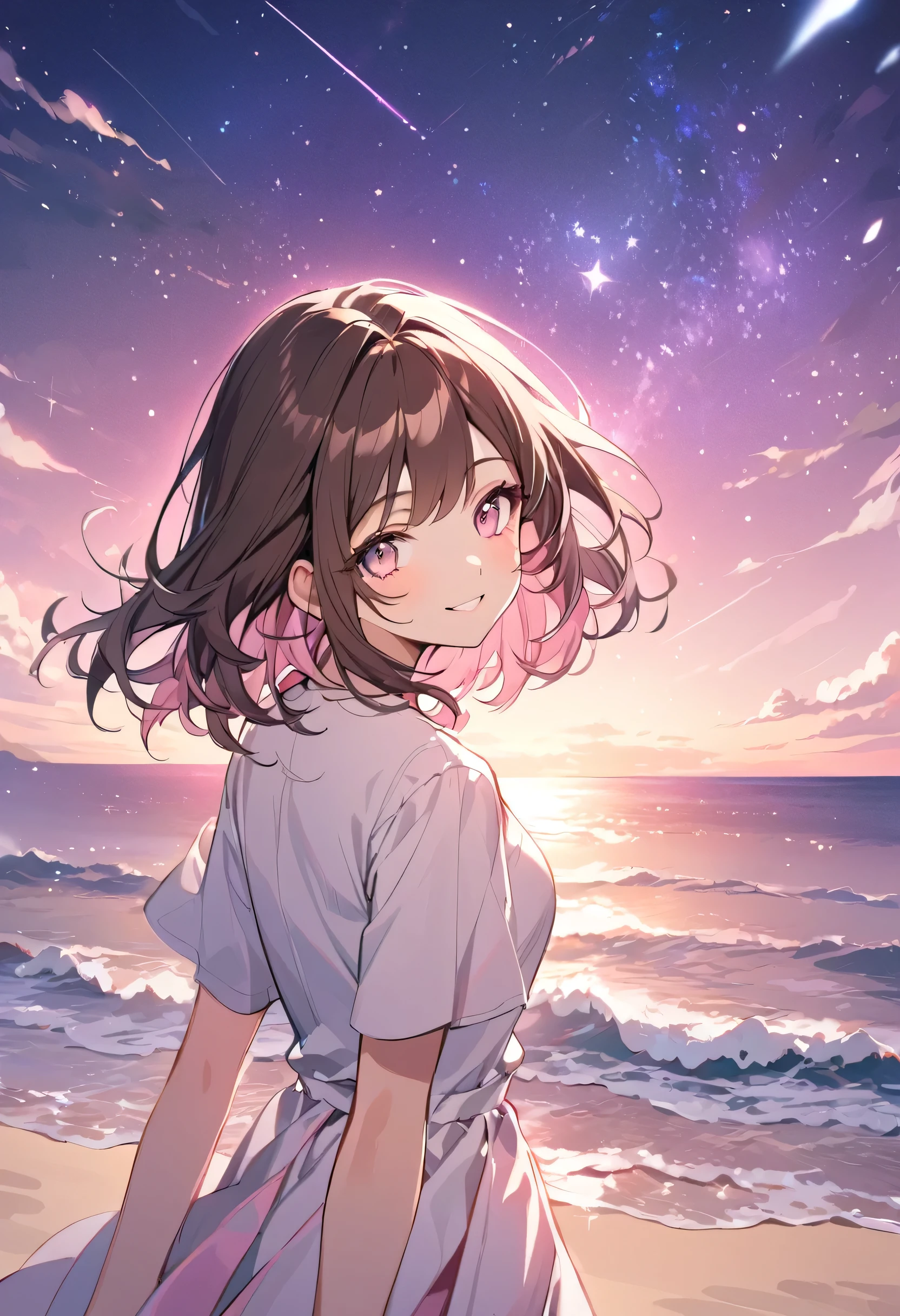 good looking, alone, 1 female, Medium Hair, Brown Hair, Pink highlights on the tips, Pale pink eyes,Smile Facial,Pink starry sky,Short sleeve,Sandy Beach