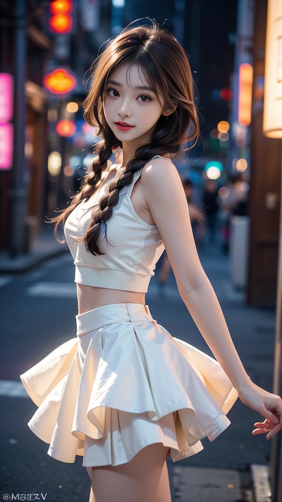 ulzzang-6500-v1.1, (RAW photo: 1.2), (Real photo), (Real photo: 1.4), 1 girl、Perfect anatomy、1、Looking at the camera、Medium length hair、side braid, white dance skirt, dancing in a lively disco, under colored lights, (( in the disco night: 1.1))、(Business service)、Asian eyes Ella,