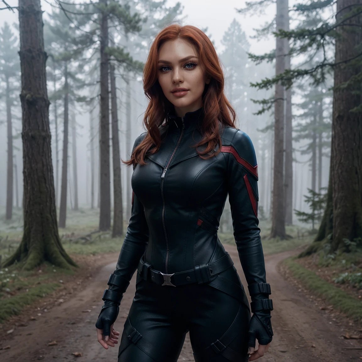 (Best Quality), (ultra-detailliert), (master piece), (hight resolution), 16K resolution, 1 woman, 20 years old, black widow, black widow from marvel, marvel, looking at viewer, close up shot, dynamic pose, sassy smile, confident, black widow dress, wearing full body suit with zipper, zipper is half opened, fingerless gloves with white trim, high boots, leather straps that hold knives, light blue eyes, ((bright blue eyes)), red hair, short red hair, (beautiful and detailed face), action movie actor, fit body, slender waist, narrow shoulders, outside, german forest, oak forest, in the middle of the forest, misty mounatins in background, sunrise, sunshine