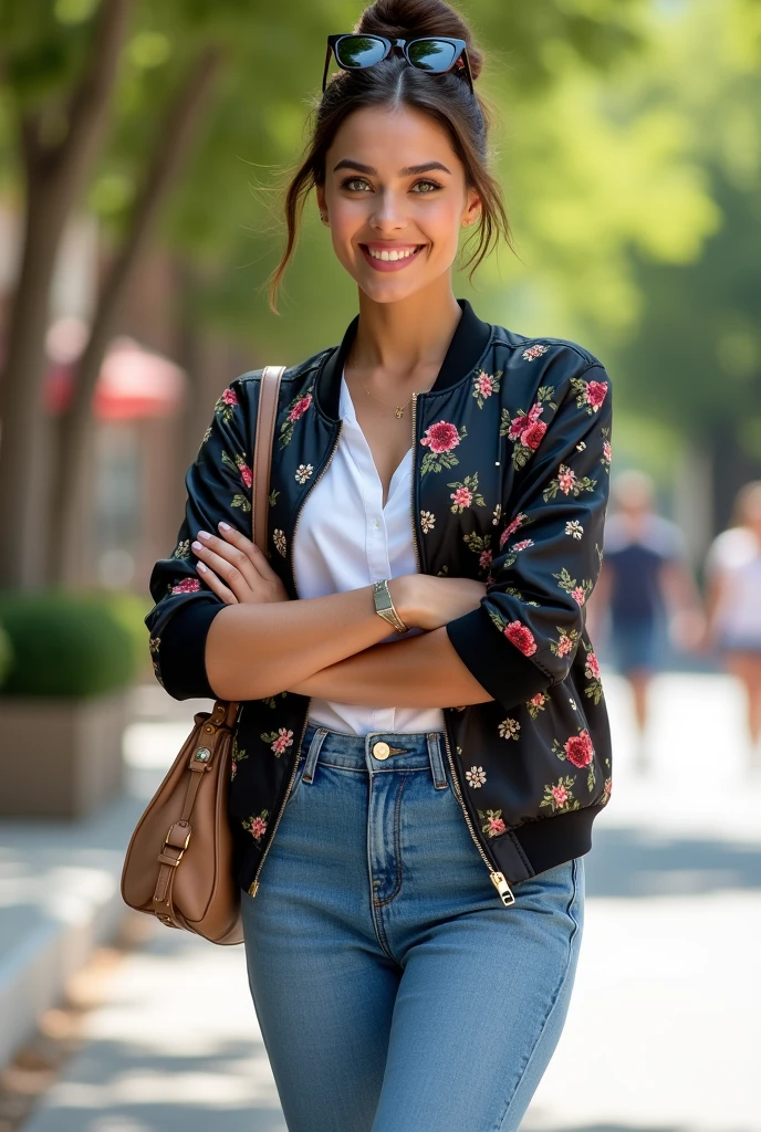 Beautiful white skin latin woman, 5'7" tall, top bun medium brown hair, deep green eyes, wearing black zipped up nylon floral bomber jacket, rolled up sleeves, white formal button up collar down blouse, belted high waisted wide leg denim pants, happy smile, walking on the street, high hill sandals, summer sunny day, bag, crossing legs, crossing arms, sun glasses over head, watch and bracelet